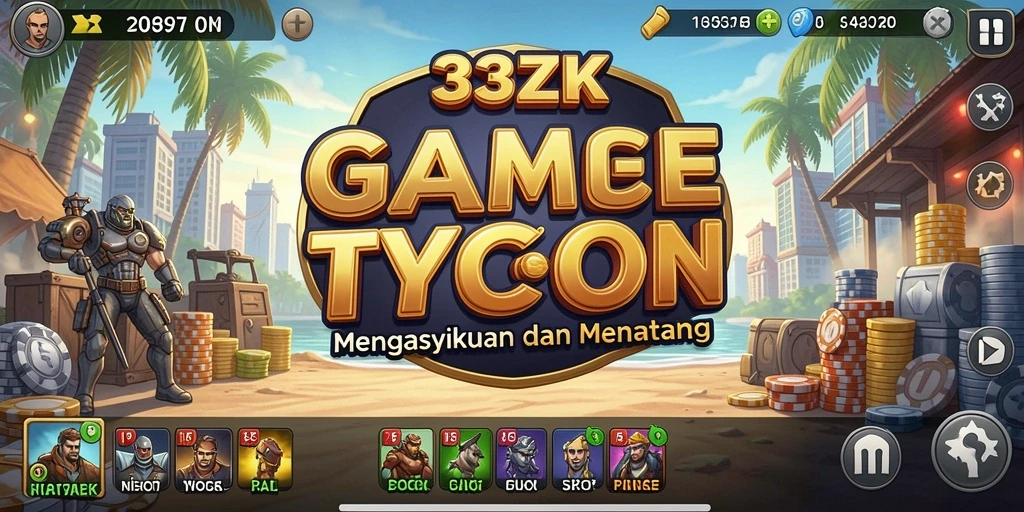 Tampilan gameplay <strong>33ZK</strong> menunjukkan manajemen bisnis yang mendalam dan interaktif.