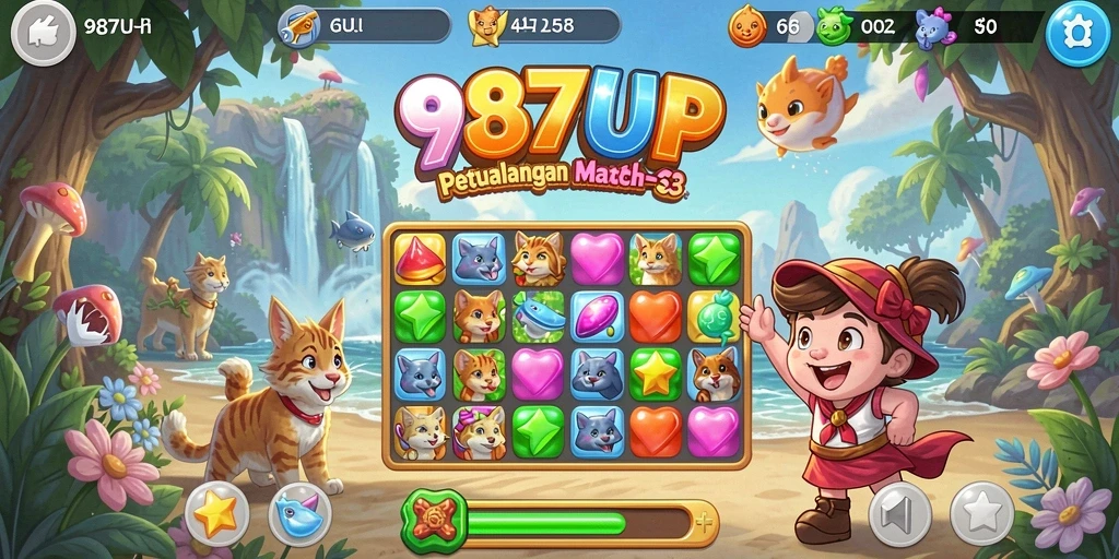 Tangkapan layar gameplay 987UP menampilkan aksi mencocokkan warna-warni.