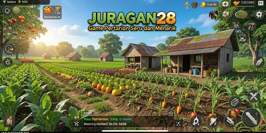 Tampilan gameplay seru dalam JURAGAN28 dengan ladang hijau dan hewan ternak.