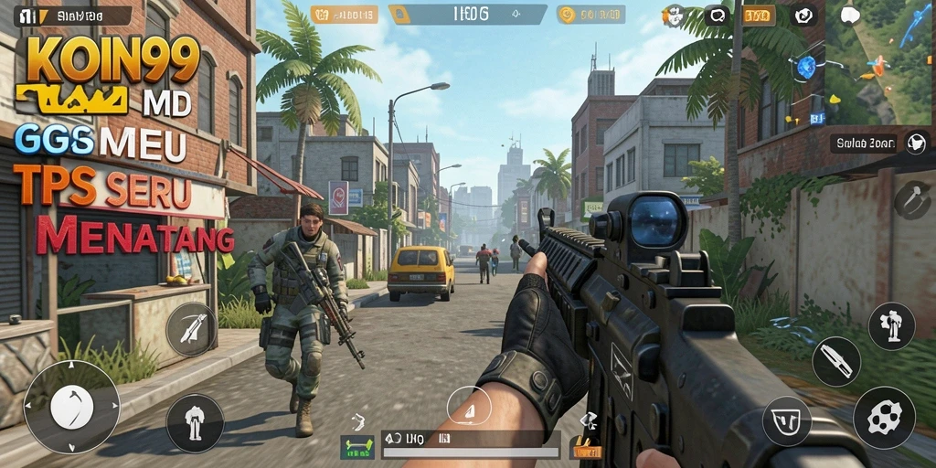 Screenshot KOIN99 menampilkan aksi intens dalam gameplay TPS.