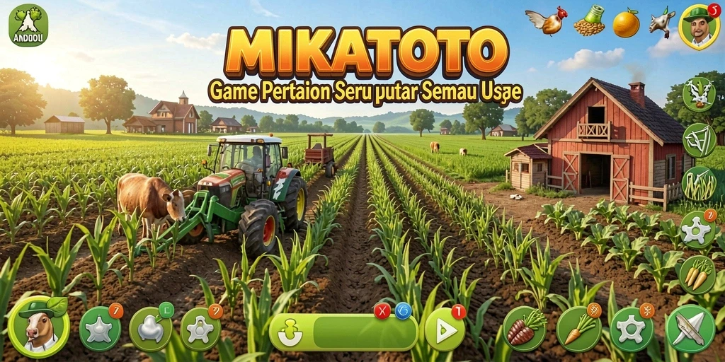 Tampilan gameplay MIKATOTO dengan berbagai tanaman dan hewan ternak.