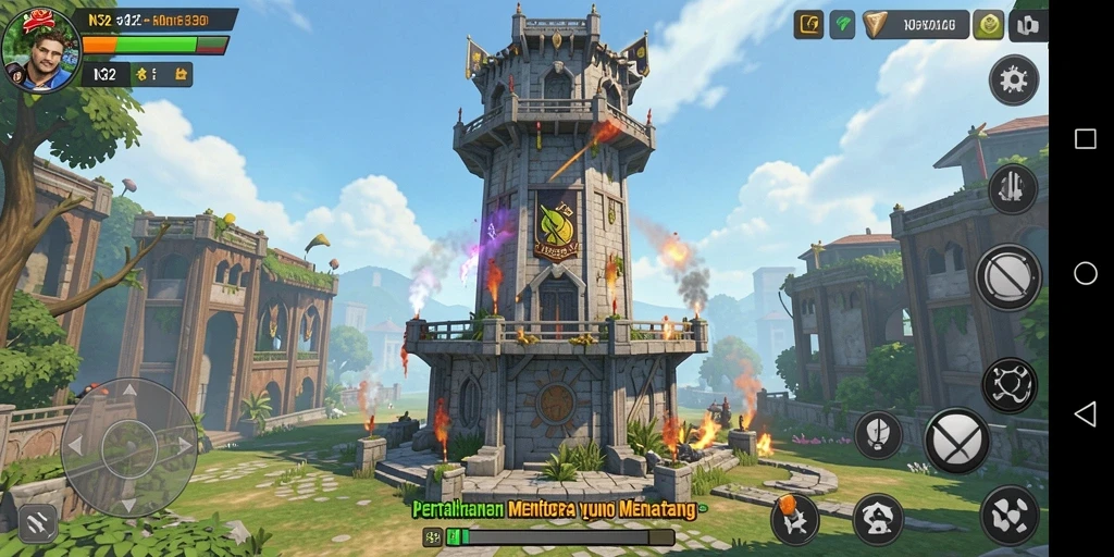 Tangkapan layar utama N32 menampilkan aksi seru dalam pertempuran Tower Defense.