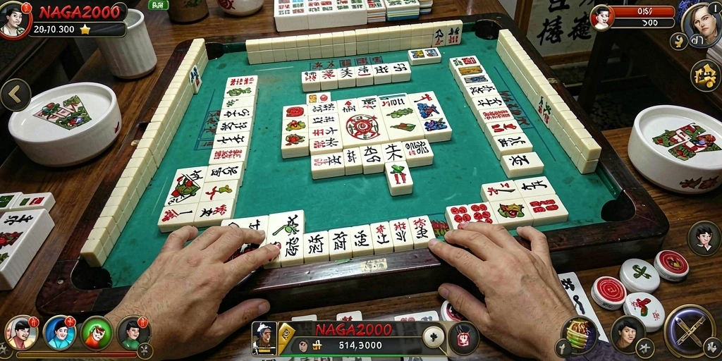 Screenshot gameplay <strong>NAGA2000</strong> memperlihatkan momen seru saat menyusun ubin Mahjong.