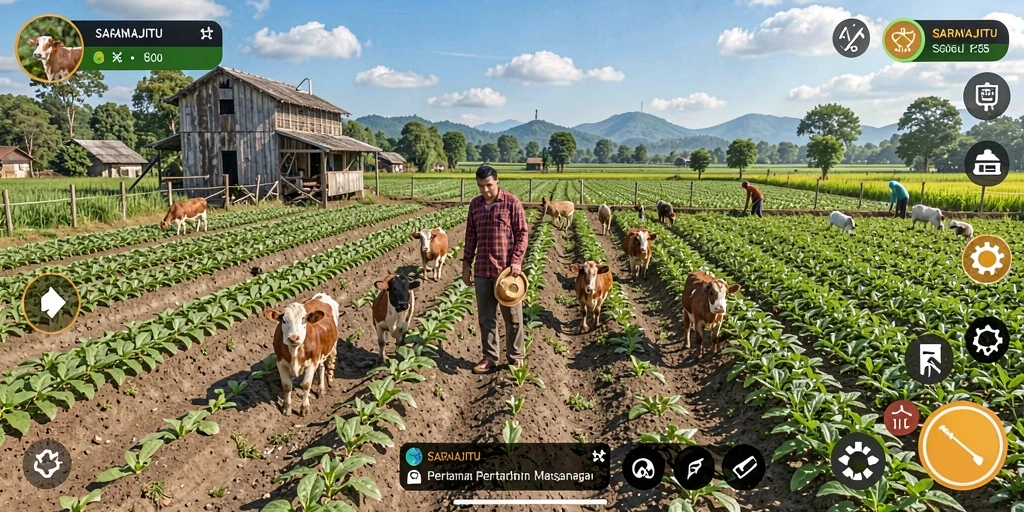 Screenshot utama dari gameplay SARANAJITU yang menampilkan aktivitas bertani yang seru.